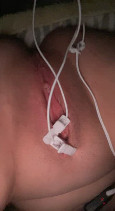 Shock clamps on pussy my solo play. Needed a little tape to feel petty