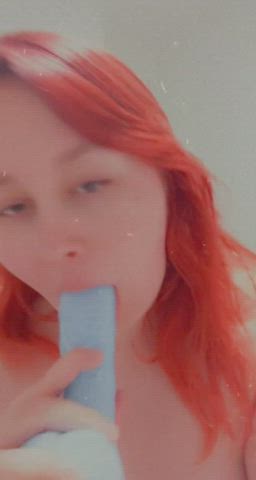 Blowjob Blue Eyes Chubby Dildo Lips Redhead Spit Sucking White Girl clip