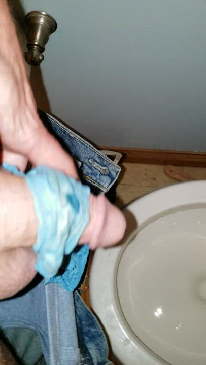 Pissing with wifes panties wrapped around my little dick