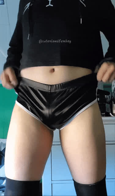 blonde bulge crossdressing cut cock femboy flashing panties shorts sissy thong clip