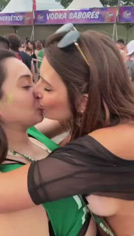 brunette festival girls kissing lesbians long hair passionate public sensual clip
