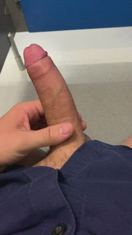 Playing with my big cock at work 😍🔥 someone come suck it