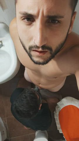 My personal whore sucks my cock deep throat in the bathroom 🍆😈 full video in
