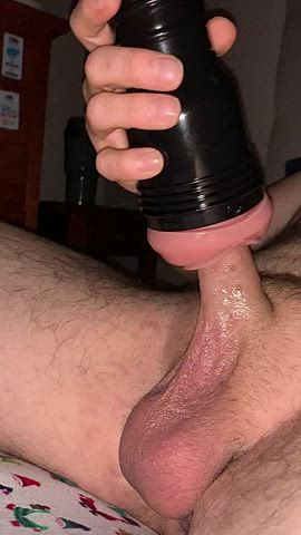 Stroking my dad dick with my fleshlight.