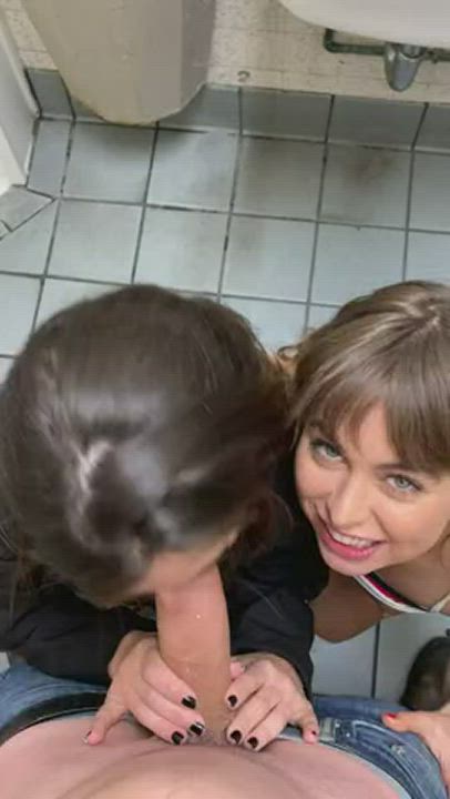 Riley Reid and friend sucking dick in the bathroom