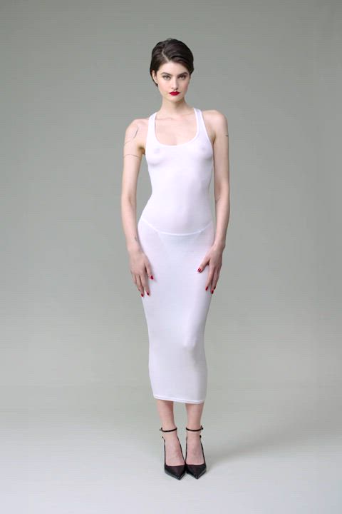 Anastasia Jovanovic in white La Femme Amazone long dress, by Maison Close