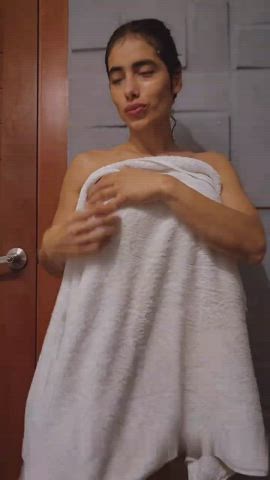 Big breasted latina drying off