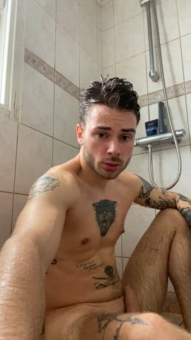 jerk off jerkmate male male masturbation shower solo tattoo tattooed clip