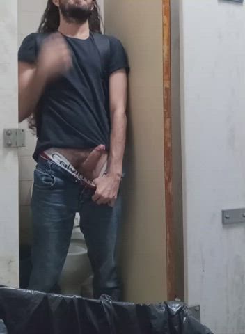 First time showing my cock in a public bathroom and almost got caught