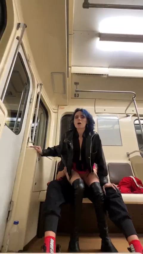 Reverse cowgirl on a train