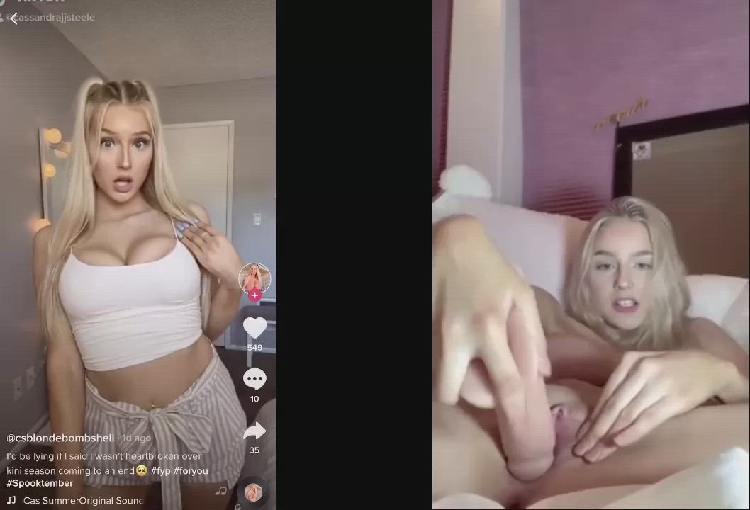 blonde dildo masturbating split screen porn tiktok clip