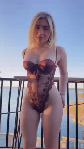 ass blonde bodysuit erotic lingerie long hair model outdoor tiny clip