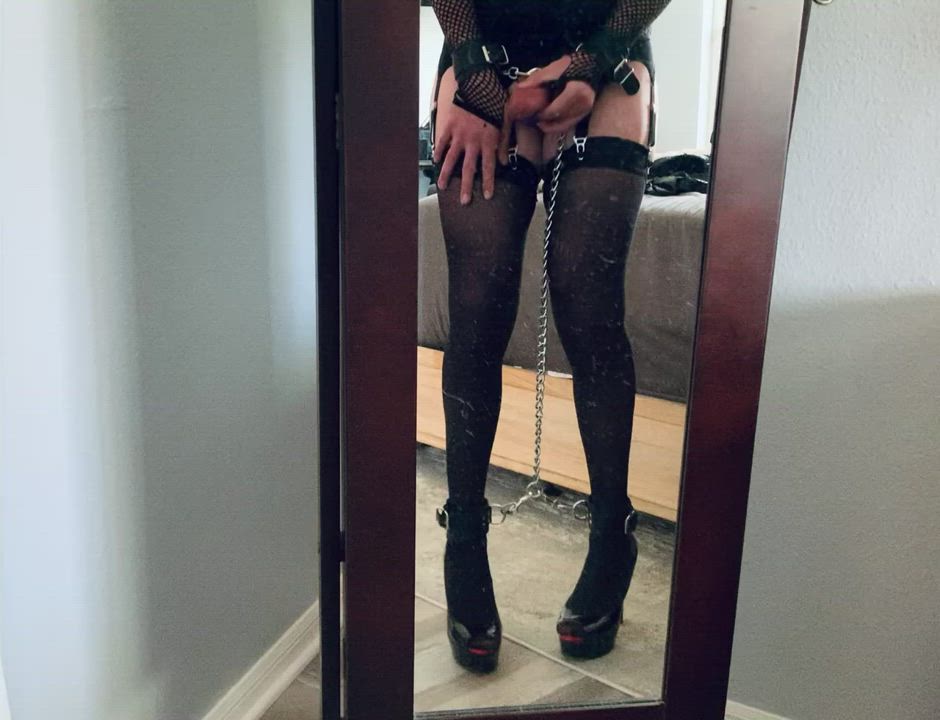bondage crossdressing cum cumshot heels lingerie mirror sissy stockings clip