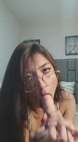 18 years old blowjob deepthroat dildo eye contact glasses spit teen toy clip