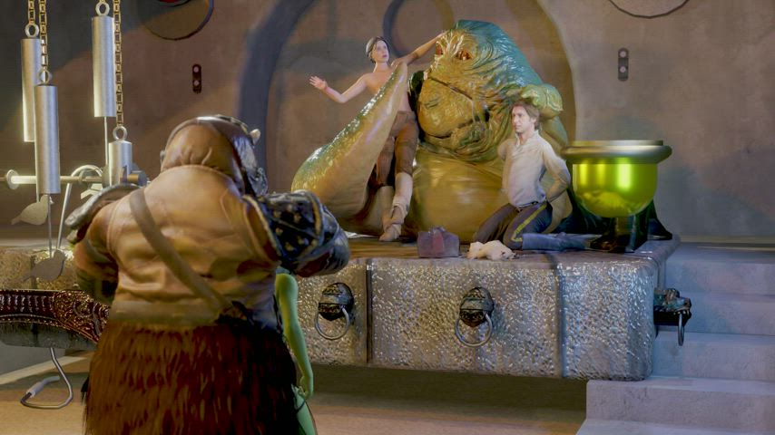 A helpless Han is forced to watch from the side as Jabba licks a topless Leia and
