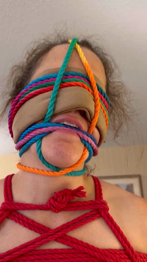 Double Blindfold, Gagged, Tie Dye Shibari took mommy for a walk at the end 🪢🌈🪢