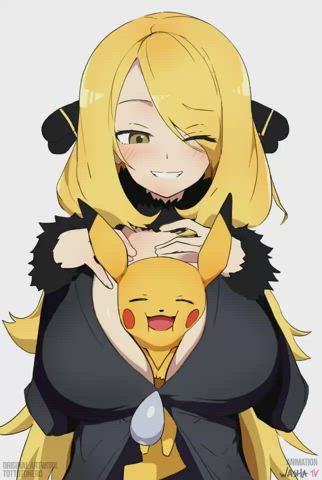 Cynthia - pikachu prefers this spot over pokeballs (washa, tottotonero) [Pokemon]