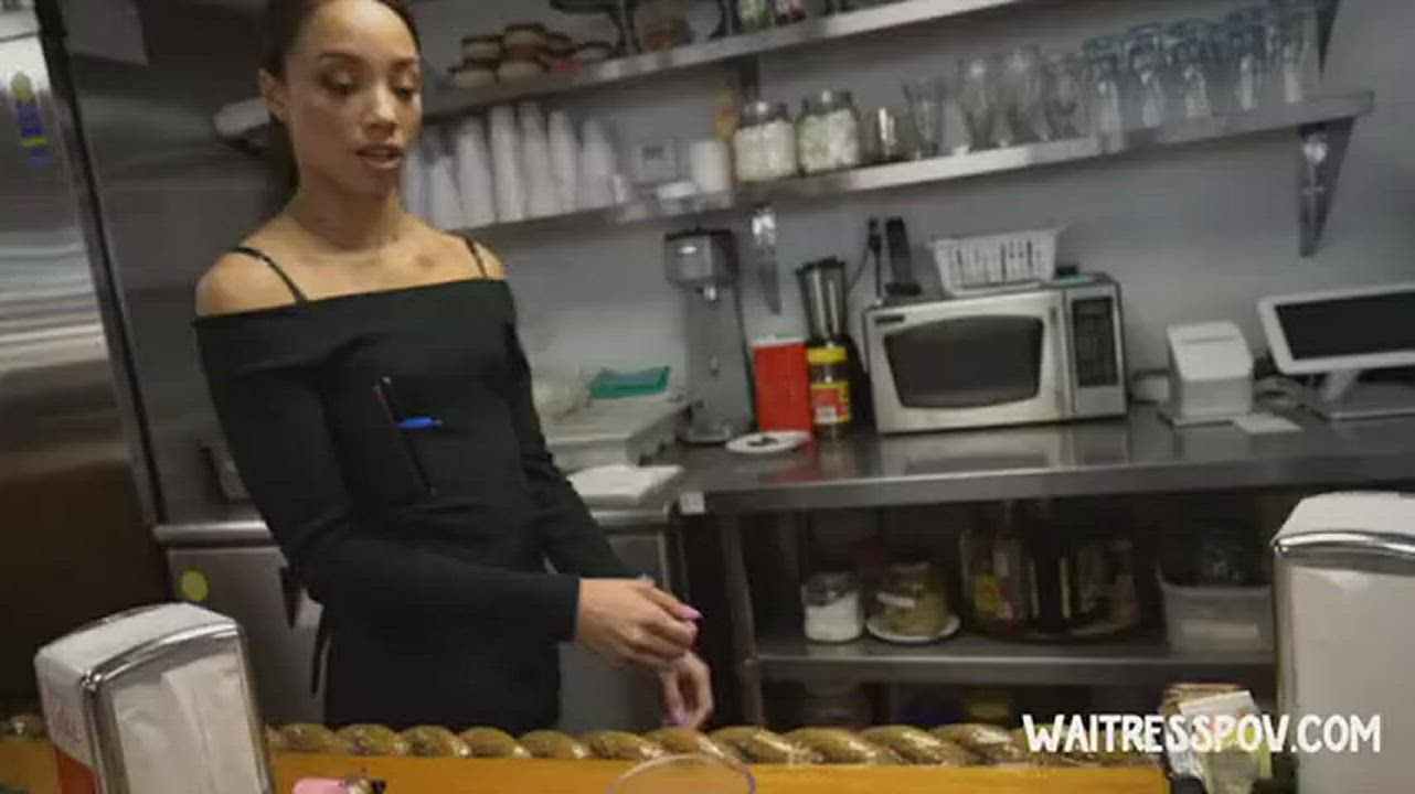 Skinny Ebony teen earning extra cash being a waitress