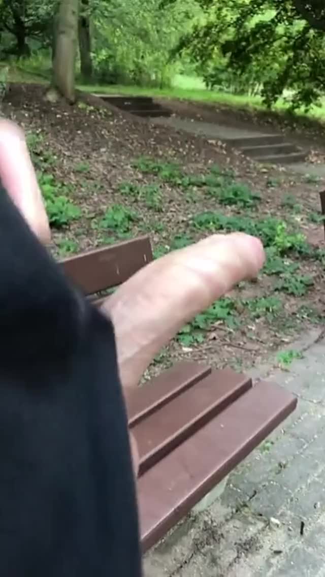 Dude jerks his huge cock in the park and shoots a load all over the bench