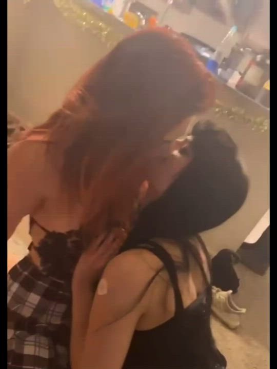 My friend &amp; I kissing in slutty schoolgirl outfits.
