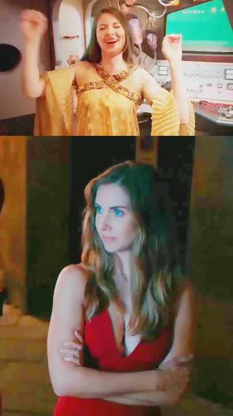 Alison Brie in Community (top, 2012) and Spin Me Round (2022)