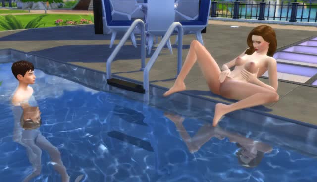 Poolside pussy rubbing with an audience