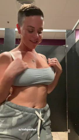 Pulling tits out in public restroom