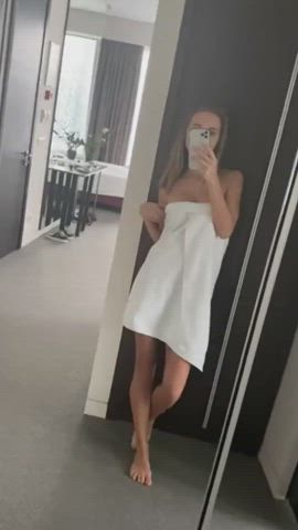 brunette petite selfie strip tease teasing teen towel undressing clip