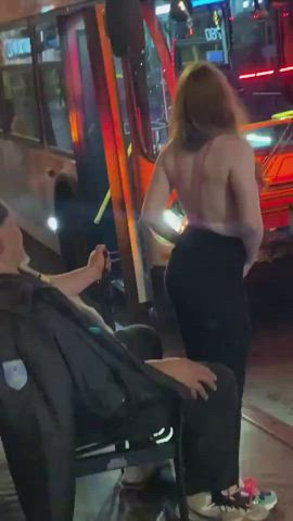 Redhead gives a lap dance to a stranger at the bus stop!