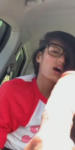 Girl practicing blowjob on dildo