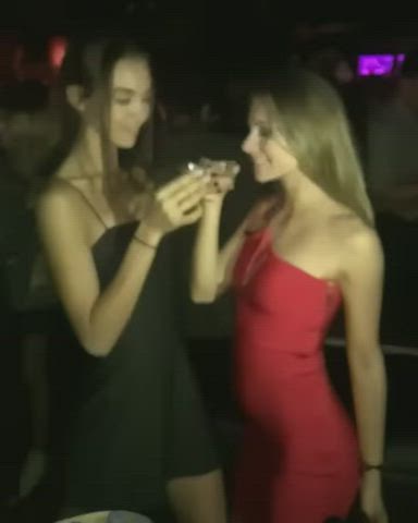 bar blonde dress erotic girlfriends kiss kissing lesbians party clip
