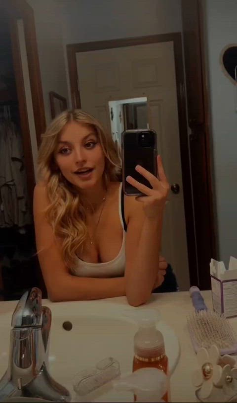 19 years old amateur big tits blonde clothed jean shorts selfie tank top teen tiktok