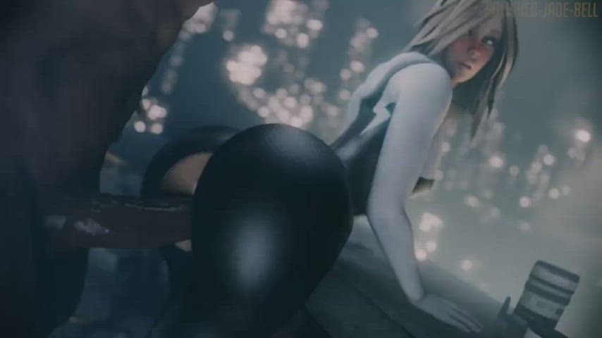 Spider-Gwen takes a BBC on a rooftop and lets it cum on her ass
