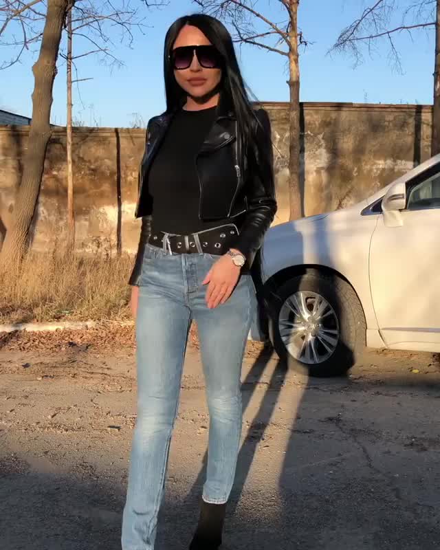 Walking in leather jacket