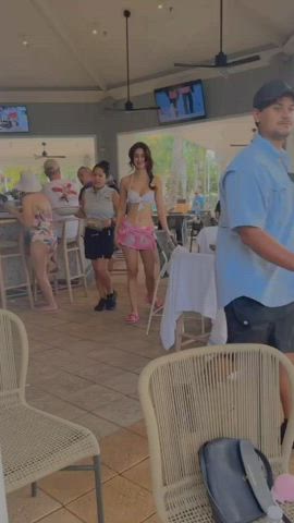 Trash cumdumpster parading half naked in a family cafe. This bitch has stooped so