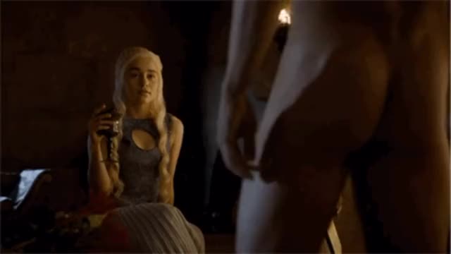 Erotic and horny  Emilia Clarke stares at studs huge cock while drinking wine