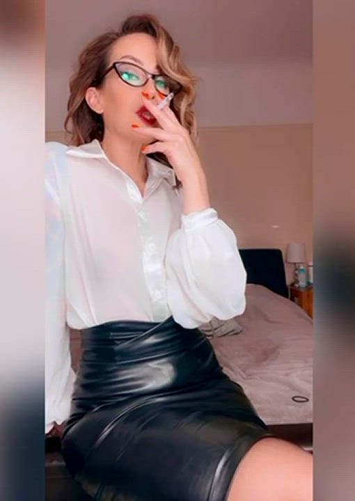 Fetish Glasses Leather MILF Role Play Secretary Skirt Smoking clip