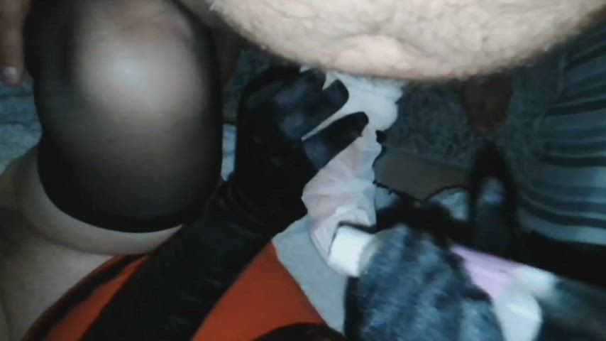 Thrusting that white stocking cock into her wet pussy!