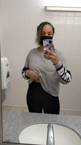bathroom caught curly hair ebony flashing mom public tits titty drop clip