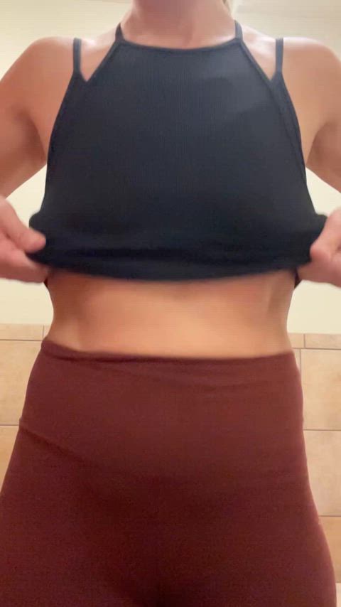 Slow motion saggy titty drop after a sweaty workout