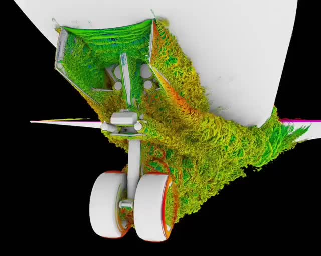 Visualization of the air flow field around the nose landing gear of a Boeing 777