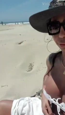Hot ts is jerking her cock at the beach