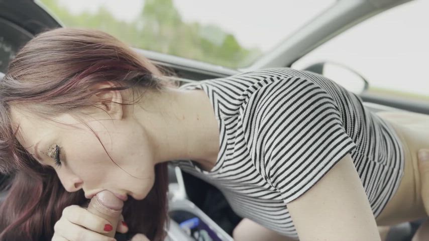 Brunette blowjob in car