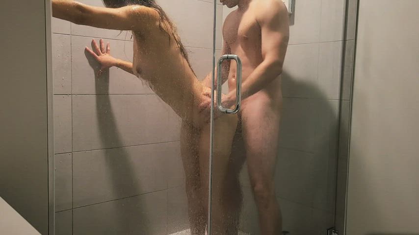 bouncing tits couple doggystyle nude sex shower standing doggy tits clip