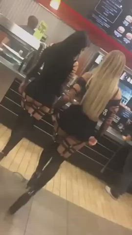 blonde brunette exposed flashing heels kinky leather public clip
