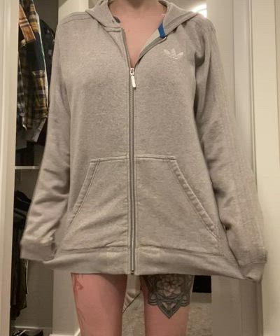 I love wearing baggy hoodies with no panties at home.