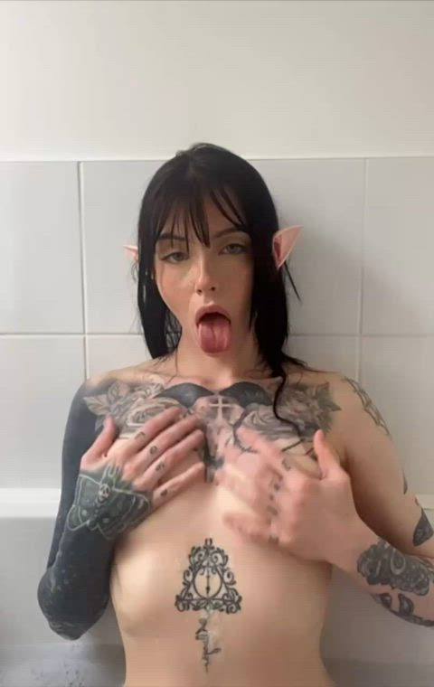 ahegao bathtub boobs cute egirl elf natural tits tattoo clip