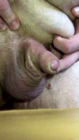 Big guy with a little guy, closeup action….a lot of foreskin slow stroking pumps
