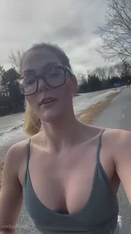 Blonde Bouncing Tits Busty Flashing Glasses Long Hair Long Tongue Natural Tits Outdoor