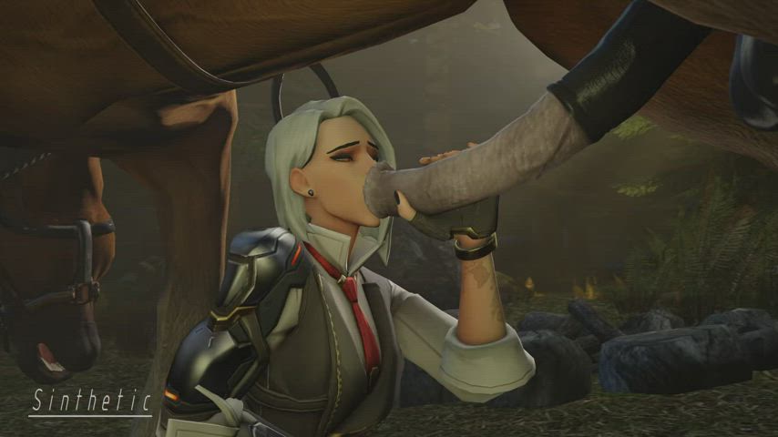 Ashe stroking and sucking a load from her horse and swallowing it (sinthetic)